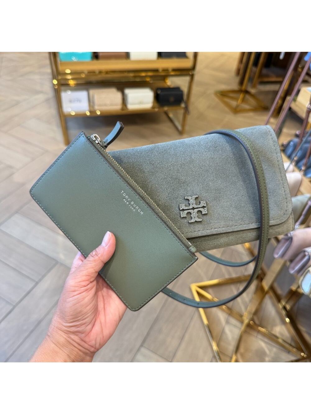 Tory Burch Thea Suede Flat Wallet Crossbody 170107 Soft Foliage $475